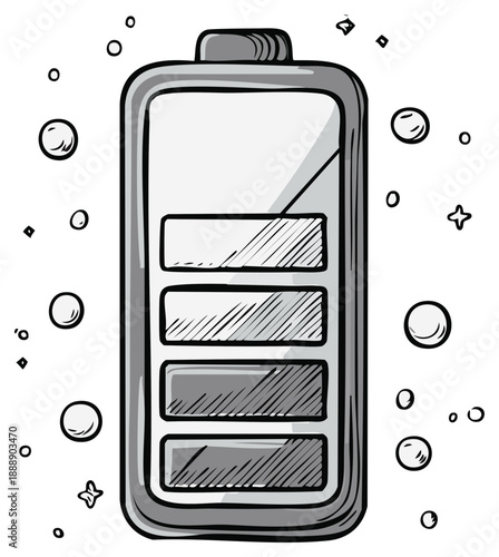 Hand drawn battery icon showing partial charge level with surrounding bubbles and sparkles