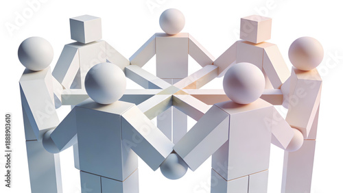 3d render of an abstract group of business people holding hands in a circle to represent a leadership team concept and teamwork success