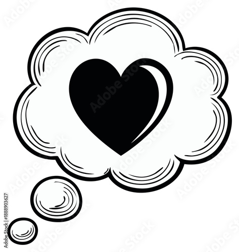 Heart in a Thought Bubble: Symbolic representation of love and affection, illustrated in black and white.