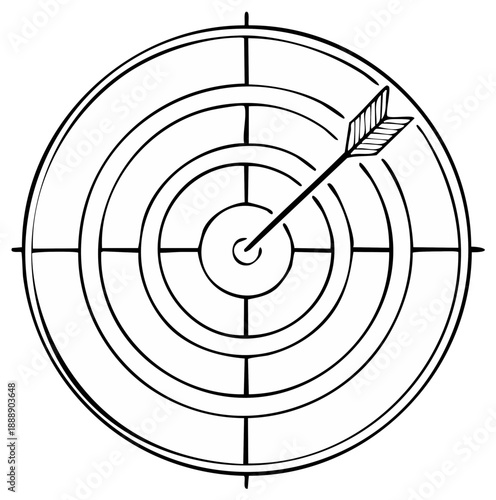 Doodle illustration of an arrow hitting the bullseye in the center of a target, achieving a goal.