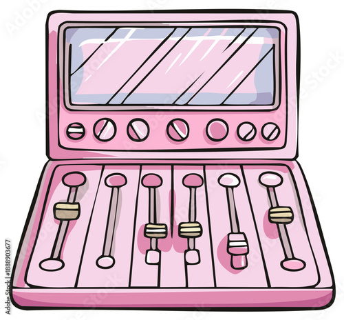 Pink makeup palette with sliding controllers and display screen for beauty application