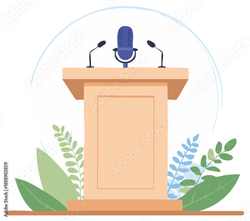 Cartoon Podium with Microphones Illustration Presentation Conference