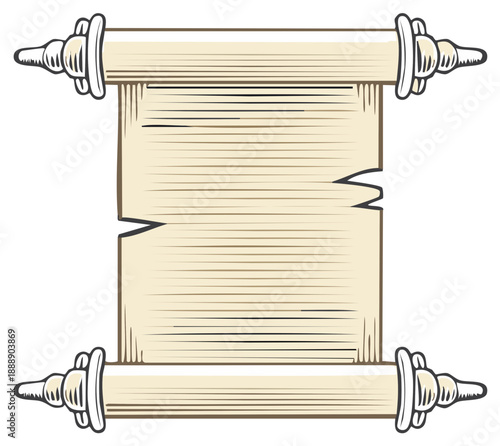 Illustration of blank scroll paper parchment with ornate handles, frame for text