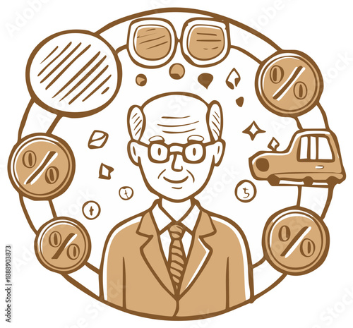 Financial advisor illustration with percentage icons and car loan offers for retired senior citizens
