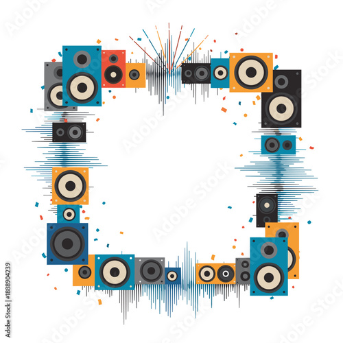 A vibrant, square-shaped frame of colorful audio speakers and sound waves creates an energetic and dynamic visual for music-related content.