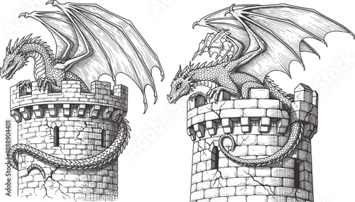 Fantasy dragon on medieval castle tower art