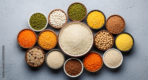 Fotografie Variety of legumes and grains arranged in a circular pattern on gray