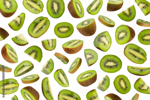 Pattern of whole and sliced ​​kiwis isolated on transparent background. Creative food background. With clipping path. Healthy fruit cut out along contour. Kiwi for design, advertising, layouts