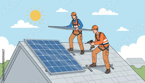 Workers installing solar panels on a roof with sunny sky