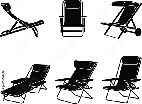 Beach lounge chair silhouette icon set with different reclining positions, summer vacation outdoor seating furniture collection, black and white relaxation design.