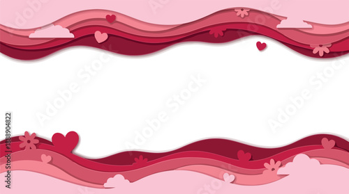 Dynamic Pink and Red Layered Waves with Floating Hearts and Floral Accents, Creating a Romantic and Groovy Abstract Background for Celebrations and Heartfelt Messages