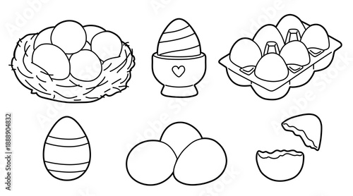 Black and white Easter egg vector set. Hand drawn eggs in nest, carton and holder, cracked shell and single eggs. Cute line art illustration for Easter breakfast, food packaging, colouring pages and k
