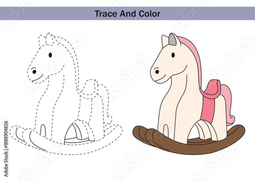Trace and colour worksheet with a toy rocking horse. Educational vector illustration for kids to practise fine motor skills, drawing and colouring. Preschool activity page.