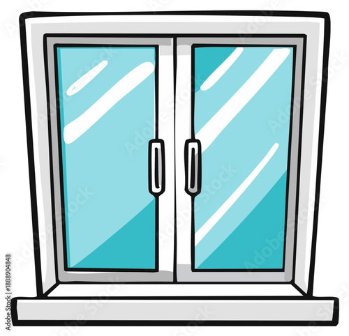 Cartoon illustration of a closed modern double glass door with white frame and a windowsill