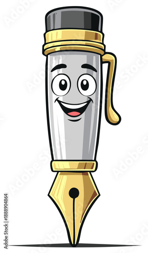 Happy fountain pen mascot cartoon character with a gold nib illustration