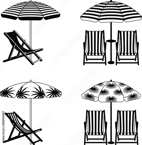 Beach umbrella and deck chair silhouette icon set, summer seaside vacation relaxation furniture collection, black and white outdoor leisure illustration isolated on white.