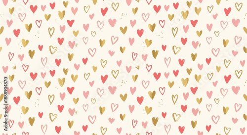 Seamless romantic heart pattern in warm pink, red, and golden colors, perfect for Valentine's Day, weddings, or adorable stationery designs, symbolizing affection and joy