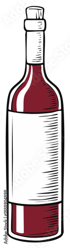 Illustration of a filled wine bottle with a blank label, featuring cross-hatching for textured shading and vintage art style.
