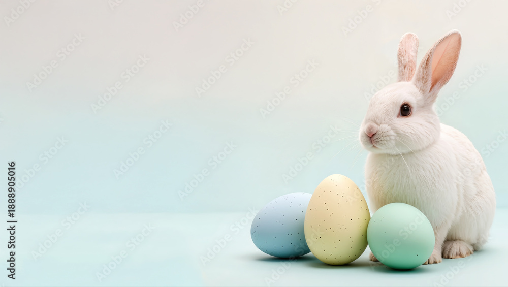 Fototapeta premium Adorable white Easter bunny sitting next to pastel colored eggs on soft blue background. Minimalistic spring holiday composition.