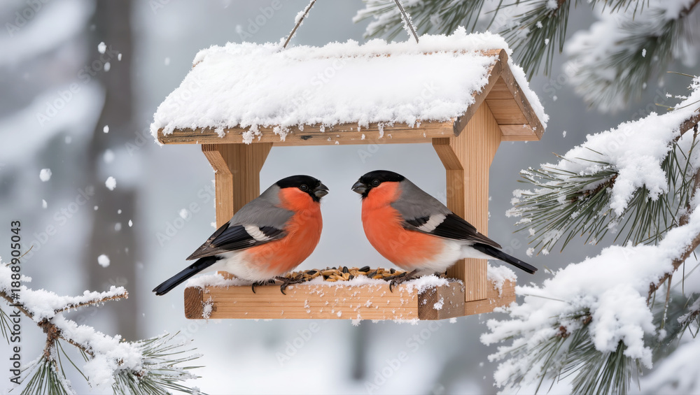 Fototapeta premium Two bullfinches sitting in wooden bird feeder covered with snow in winter forest, eating seeds during snowfall. Cold seasonal wildlife scene.