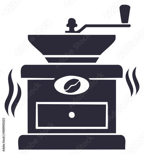 Classic manual coffee grinder vector icon with fresh aroma and hand crank