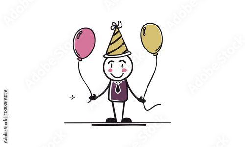 Cartoon character celebrating with balloons and party hat.