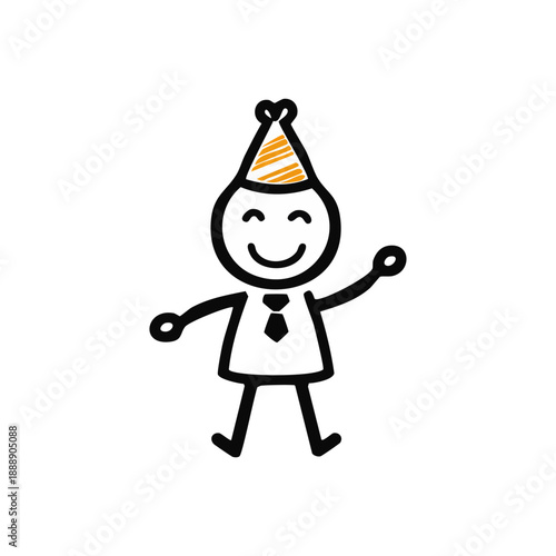 Simple stick figure character wearing a party hat and tie, celebrating a joyful occasion.