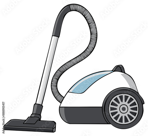 Contemporary white and grey canister vacuum cleaner with hose and nozzle for efficient household chores