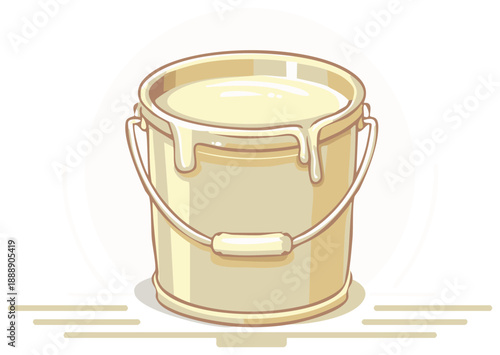 Overfilled Beige Paint Bucket with Drips Ready for a Project or DIY Activity in Cute Cartoon Style
