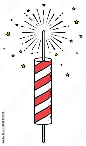 Red and white striped firecracker cartoon with stars and radiating lines explosion sparkling festive fun party celebration