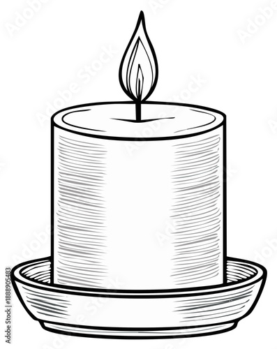 Illustrated candle with flickering flame in a plate.