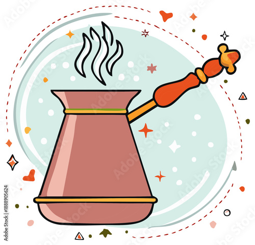 Steaming Coffee in Turkish Cezve with Decorated Background, Hot Beverage Illustration
