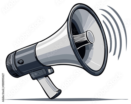 Retro megaphone amplifier broadcasting announcement with sound waves emanating from the bell