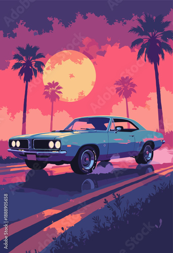 Flat 1950s classic muscle car but it has hover engines instead wheels Synthwave colors