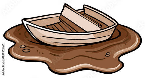 Small Wooden Rowboat Stuck in Muddy Water Isolated Illustration