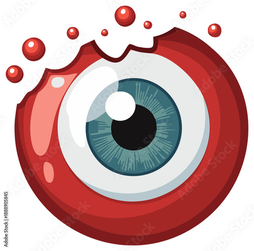 Cartoonish Bitten Red Eyeball with Dripping Drops and Blue Iris
