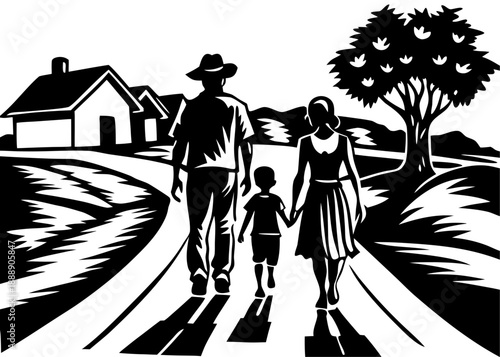 Family walking in countryside isolated on transparent background