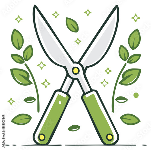 Gardening shears cutting leaves icon illustration for lawn or landscape vector design