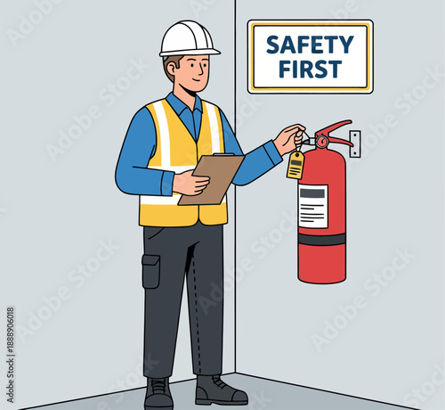 Construction worker inspecting fire extinguisher with clipboard near safety sign