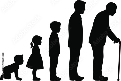 Human life stages silhouette showing growth from baby crawling to child, teenager, adult and elderly man with cane, aging evolution concept illustration.