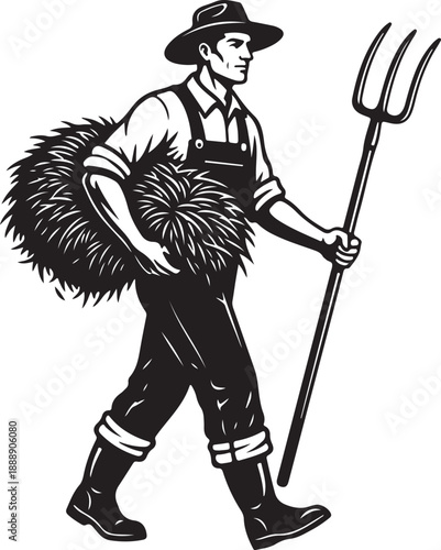 Monochrome Farmer Carrying Hay and Pitchfork Vector Illustration Mascot