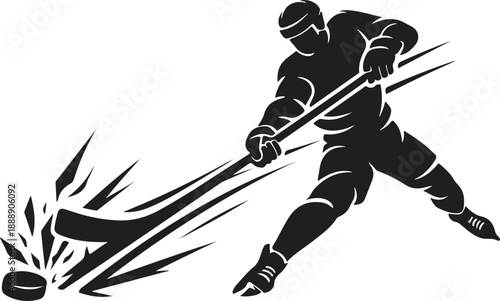 Ice Hockey Player Powerful Slap Shot Silhouette, Explosive Action Vector