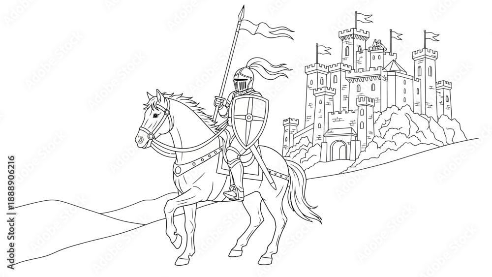 Naklejka premium Valiant Knight on Horse Approaching Ancient Castle for Heroic Quest Page. transparent.