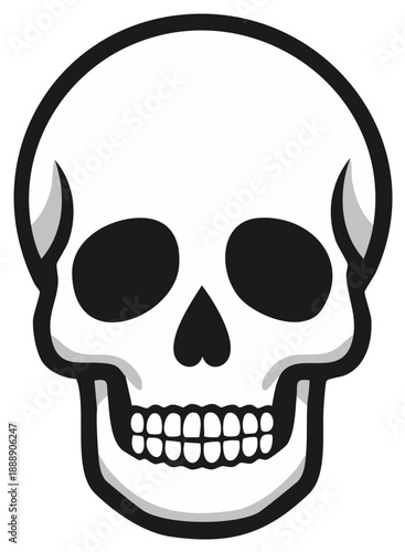 Cartoon skull illustration, frontal view, with black outline and shadows.