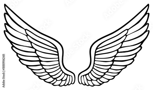 Elegant pair of symmetrical angel wings illustration with detailed feathers for graphic design, tattoo, or creative projects enhancing design and style.