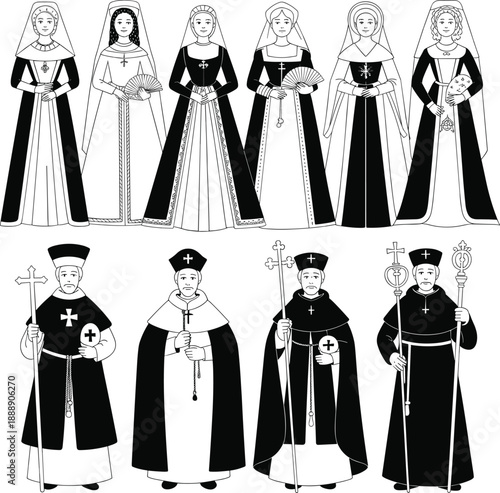 Medieval women and clergy illustration set showing noble ladies, queens, bishops, and priests in historical costumes, black and white vintage line art collection.