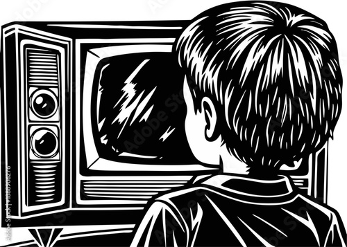 Boy watching television isolated on transparent background