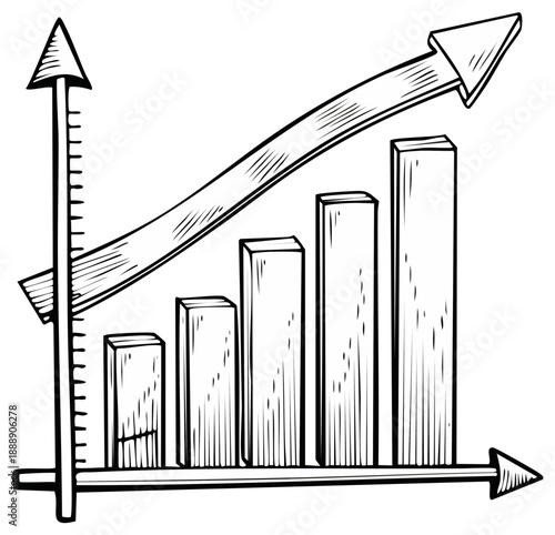 Hand-drawn Bar Chart with Upward Arrow Showing Growth and Positive Trend
