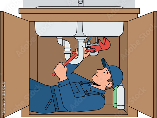 Plumber fixing sink pipes with adjustable wrench