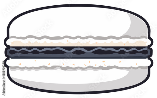 Graphic monochrome macaron illustration of a classic French dessert with dark cream filling